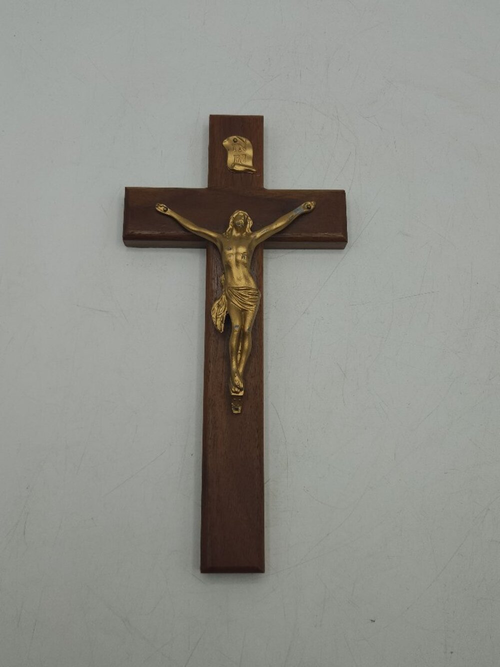 VINTAGE Wood Cross Wall Gold Metal Jesus Crucifix 12" Wood